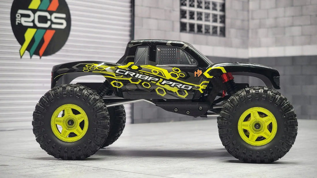 RCSTEVE CR18P Pro RC crawler with yellow wheels and black body, engineered for top-tier micro crawling performance and control.