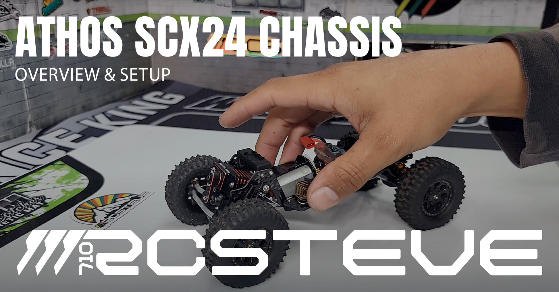 RCSTEVE Athos SCX24 Chassis Overview and Setup video featuring detailed assembly, motor installation, and performance tuning for micro RC crawlers.