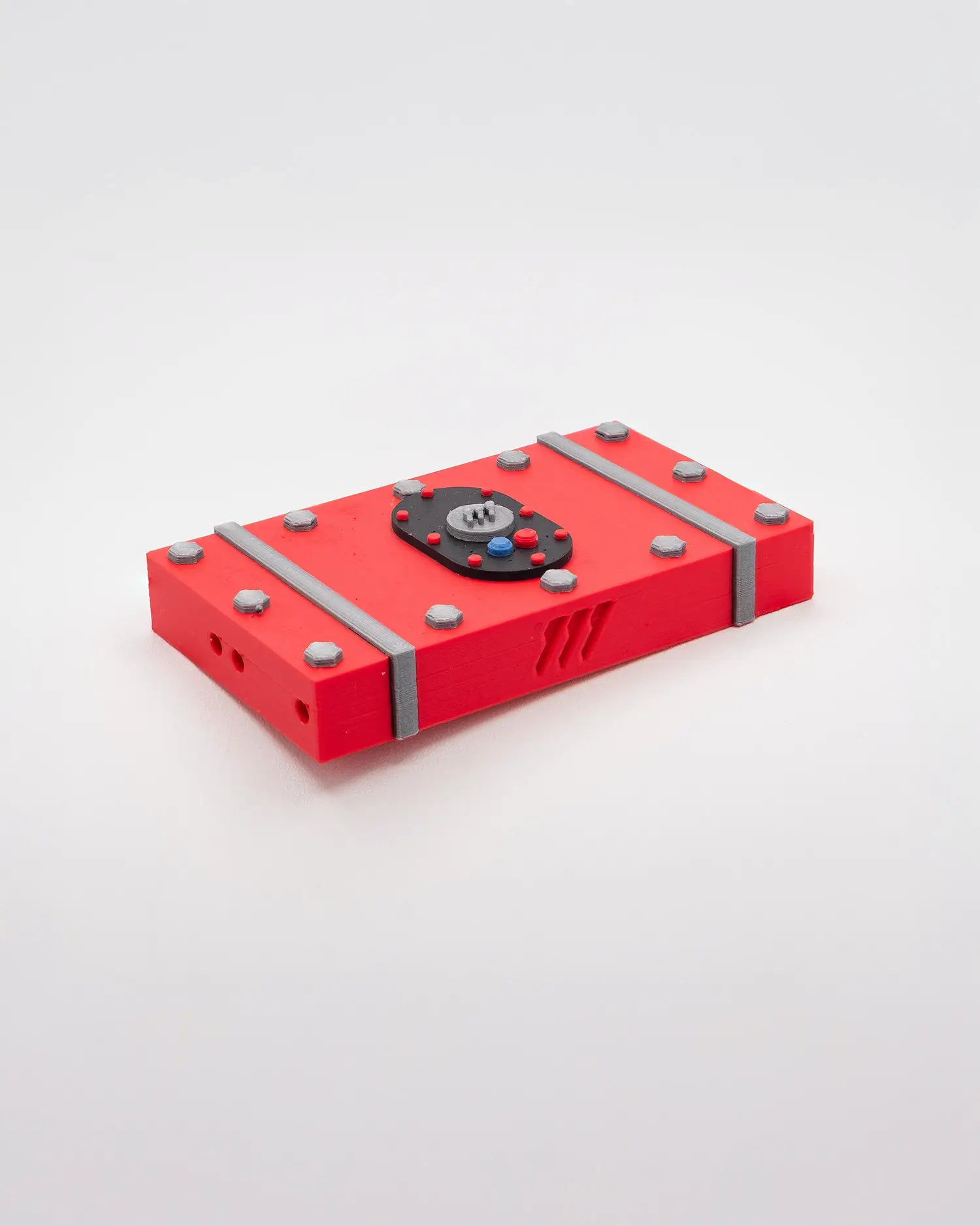 Red 1/10 scale RC crawler fuel cell with silver accents and molded surface detail for custom builds.