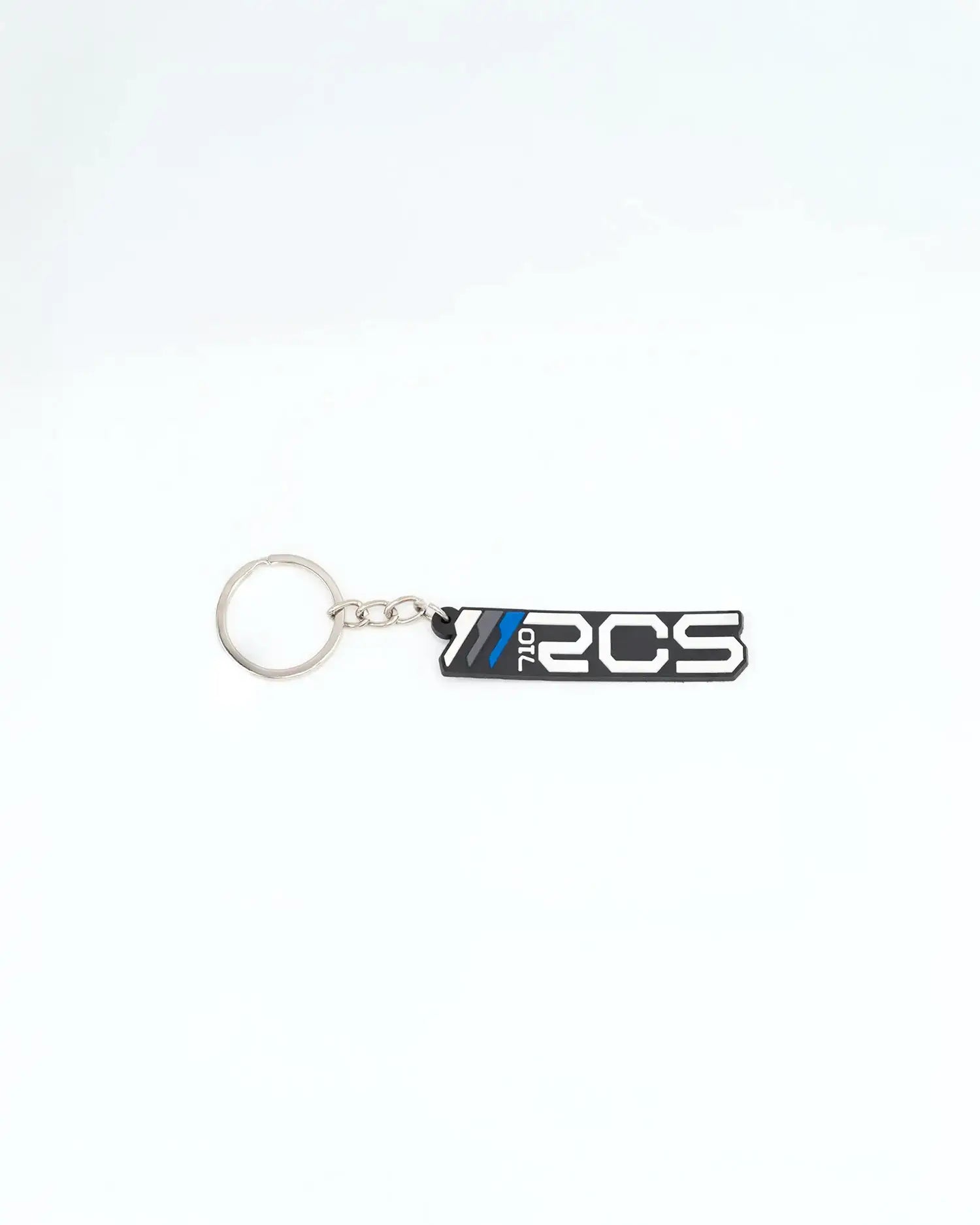 RCSTEVE 710 black and white logo keychain with blue accent stripe, featuring durable rubber design and metal key ring.