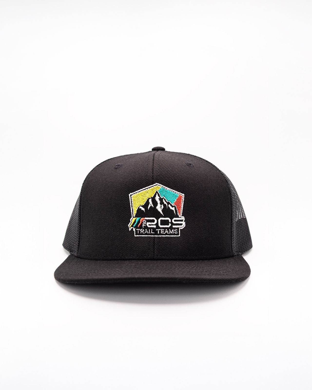 RCSTEVE 710 Trail Teams snapback hat in black with embroidered mountain logo in white, yellow, teal, and red representing adventure, community, and off-road RC lifestyle.