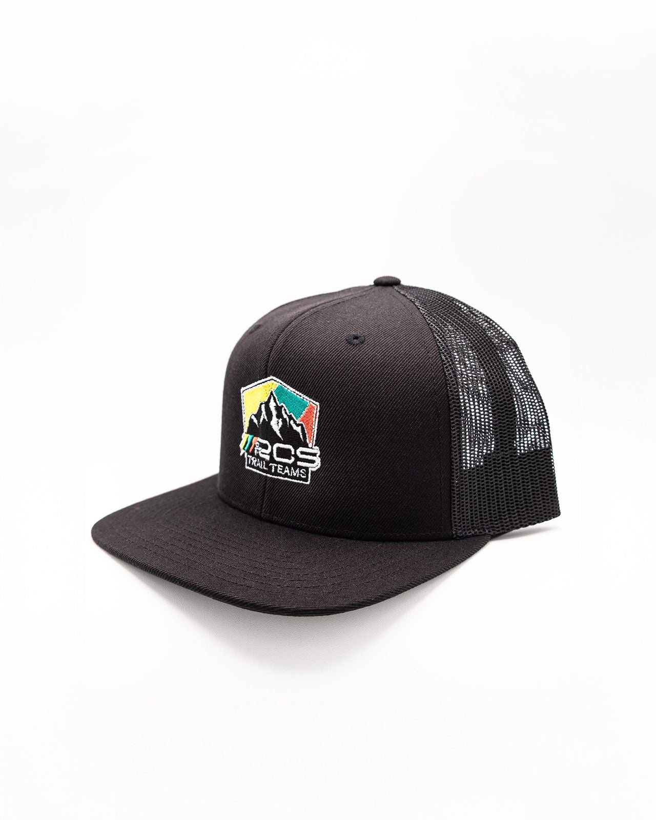 Side view of RCSTEVE 710 Trail Teams black mesh snapback hat with colorful embroidered mountain logo blending style and rugged outdoor RC spirit.