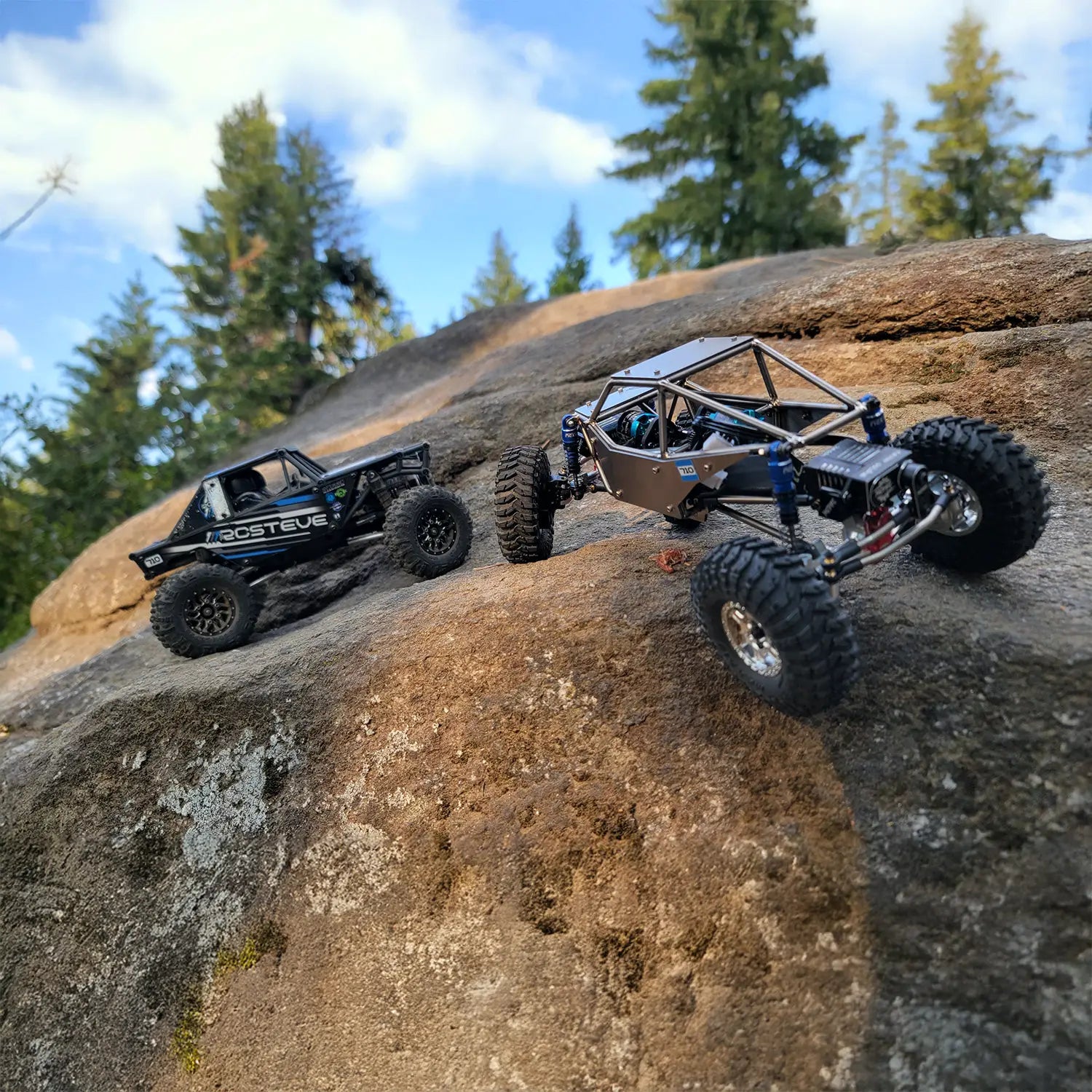 RCSTEVE rock crawlers climbing rugged terrain, featuring titanium chassis and performance upgrades built for durability, precision, and off-road control.