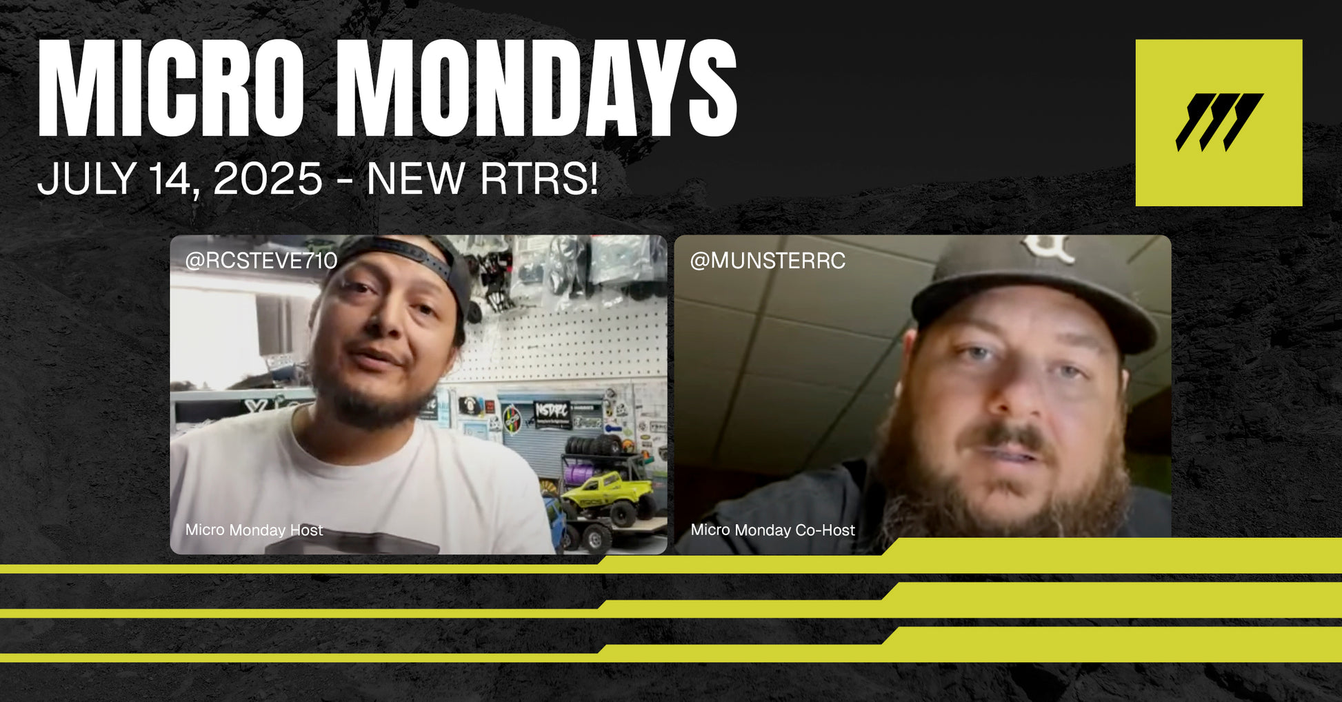 RCSTEVE’s Micro Mondays episode on July 14, 2025, featuring hosts discussing new RTR RC crawlers and performance upgrades for micro builds.