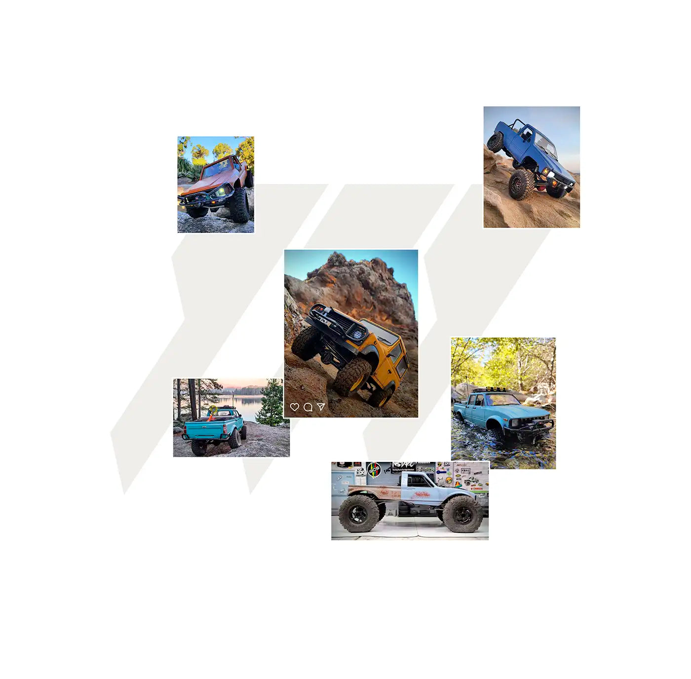 RCSTEVE crawler gallery featuring custom RC trucks on rocks, trails, and water crossings, showcasing detailed builds, performance upgrades, and scale realism.