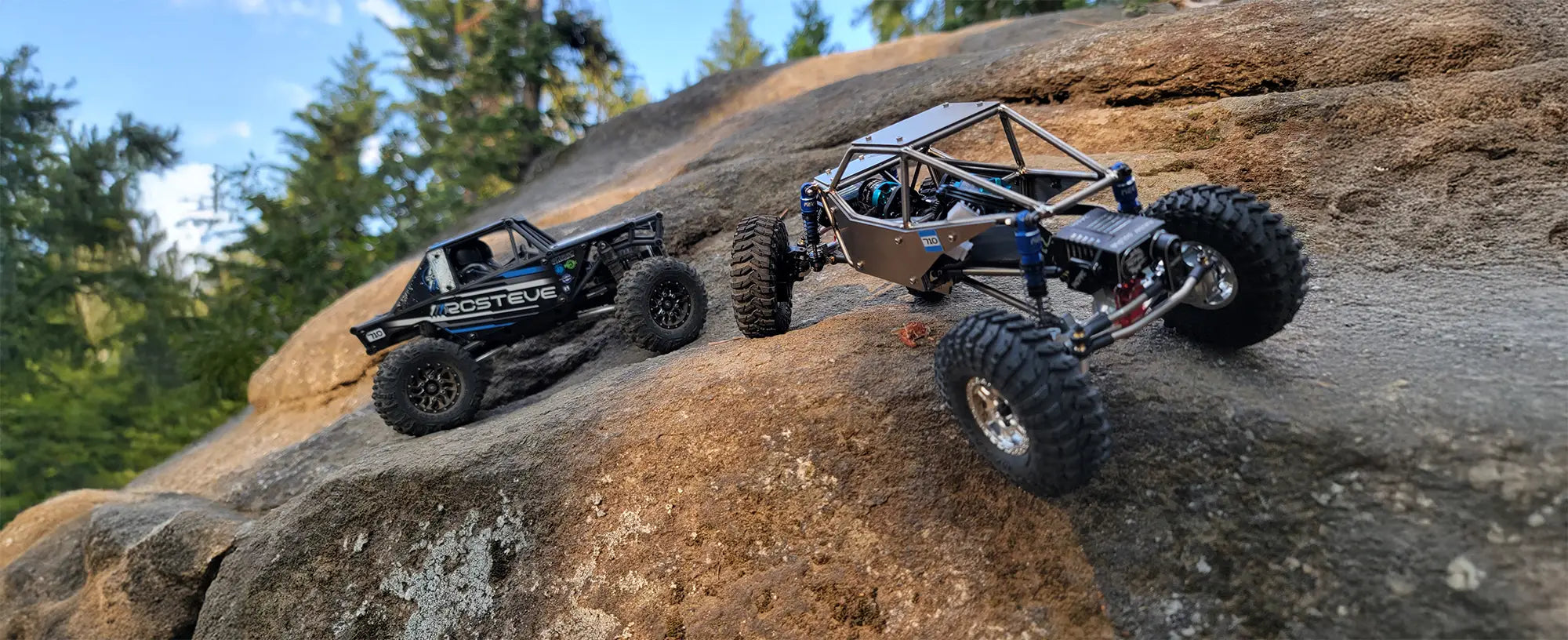 RCSTEVE rock crawlers with custom chassis and titanium links climbing rugged terrain, showcasing high-performance RC parts built for strength and precision.
