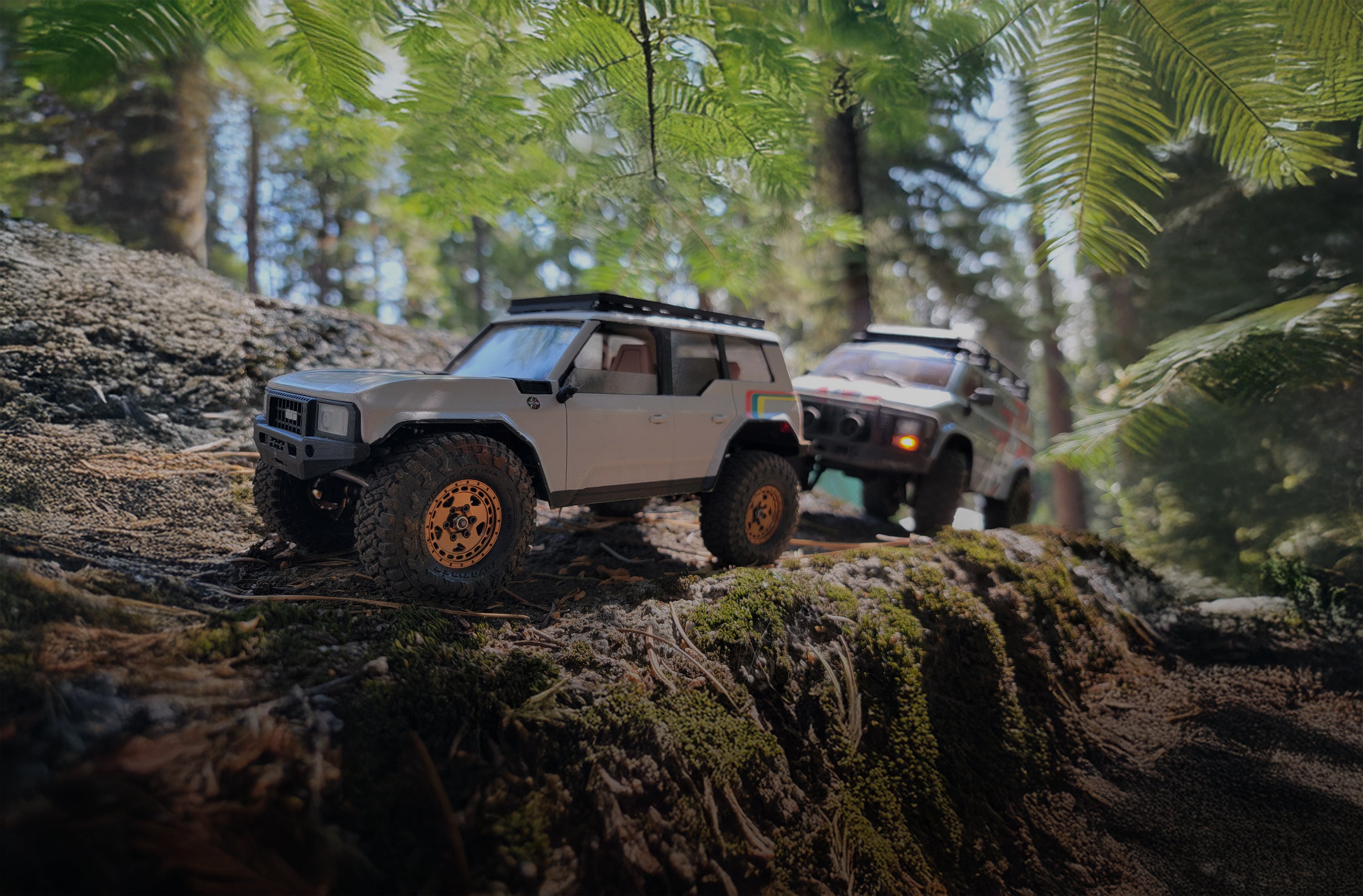 RC crawlers on a forest trail featuring detailed scale builds and off-road performance by RCSTEVE, showcasing realistic terrain and upgrade capability.